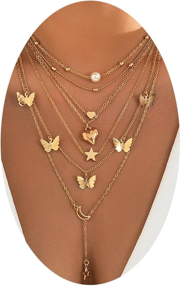GIGB PBDK Layered Butterfly Necklace Set for Women Trendy Stars Moon Cross Pearl Heart Gold Chain... | Amazon (US)