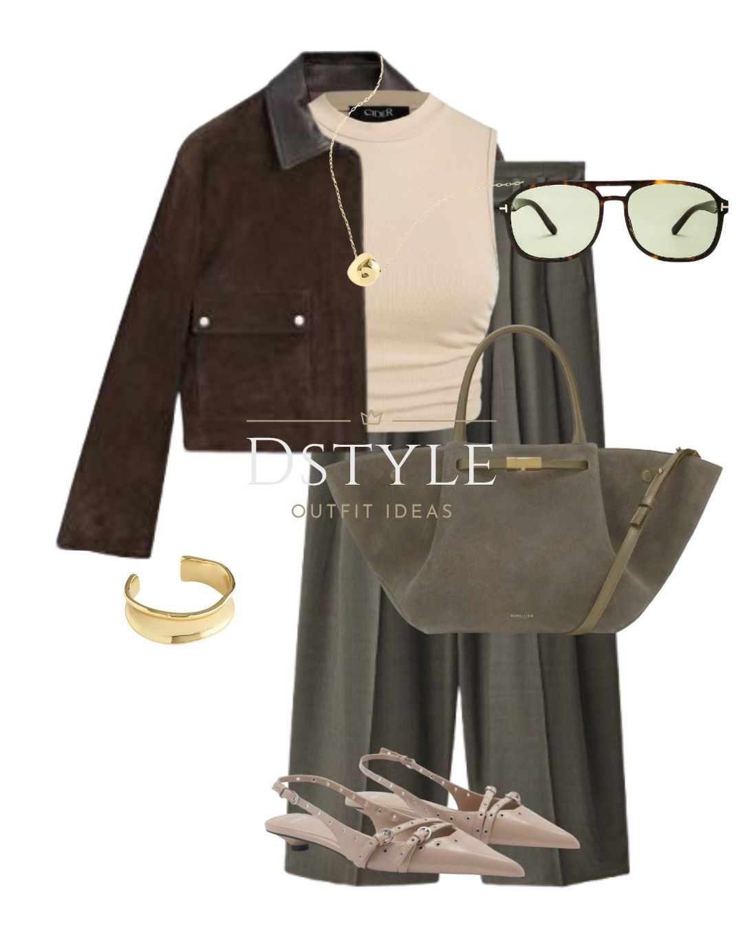 Khaki suit trousers with belt clips,brown short suede leather jacket with pockets, beige top, olive suede and smooth leather bag, kitten shoes 

 

#LTKFindsUnder50 #LTKWorkwear #LTKItBag