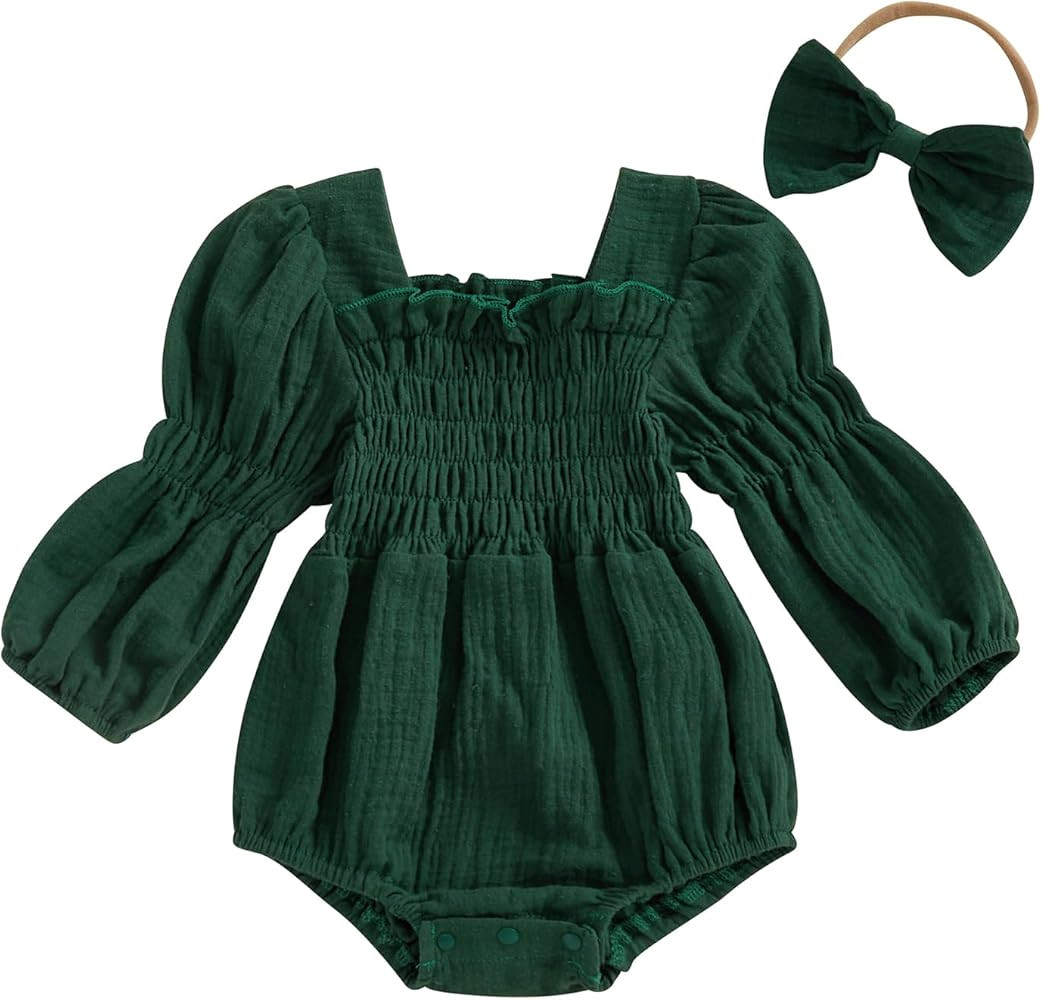 Smocked Baby Girl Clothes Newborn Girl Bubble Romper Long Sleeve Jumpsuit And Headband Outfit Cut... | Amazon (US)