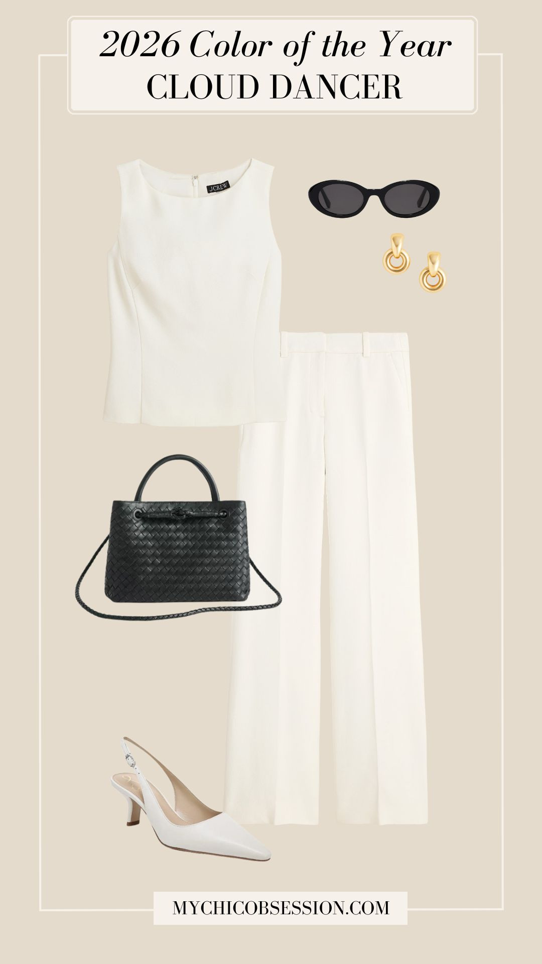 Style 2026 Pantone Color of the Year "Cloud Dancer" with a sleeveless boucle top, white trousers, slingback heels, and classic accessories in black for contrast like a woven handbag and oval sunglasses. 

 #LTKSeasonal