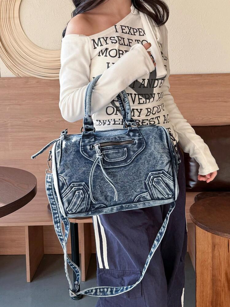 New Vintage Washed Jeans Messenger Bag, Casual Y2K Style Shoulder Bag, Double Handle Handbag, Niche Design, Spacious And Practical, Suitable For Work Commuting, Shopping, Travel And Back To School, Fashionable Street Bag,Medium Jeans Crossbody Bag | SHEIN