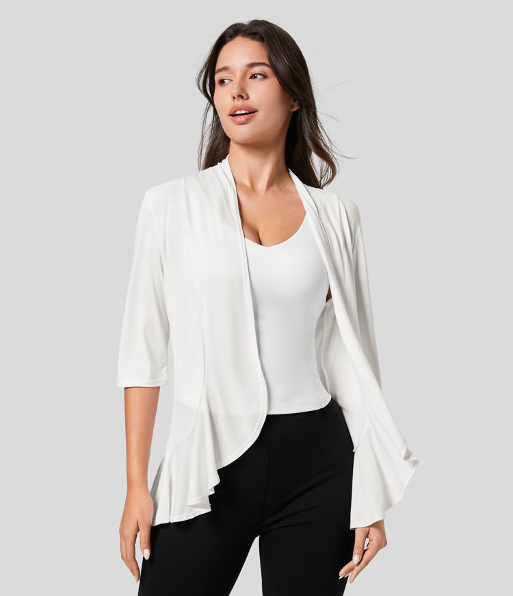 Women’s Open Front 3/4 Sleeve Ruffle Hem High Low Casual Coat - Halara | HALARA