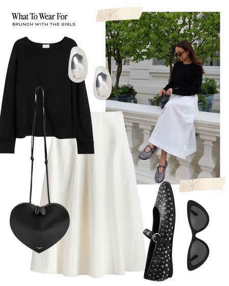 Get the look 🤍 

White midi skirt, black knit, silver earrings, ballet flats, heart bag, studded pumps, h&m new, spring summer outfits 

#LTKsummer #LTKstyletip
