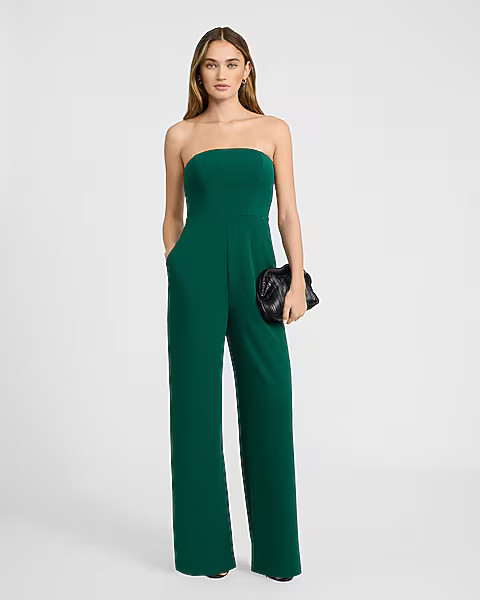 Crepe Strapless Wide Leg Jumpsuit with Pockets | Express