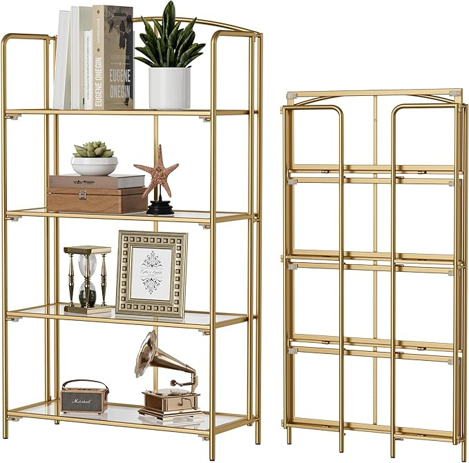 Crofy No Assembly Folding Bookshelf for Living Room, 4 Tier Gold Collapsible Book Shelf for Home ... | Amazon (US)