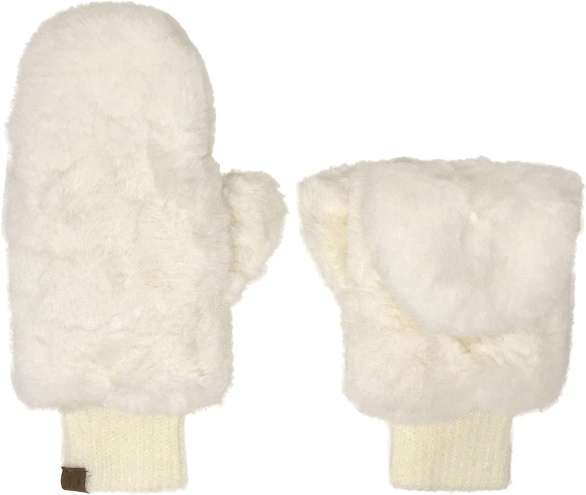 CC Soft Faux Fur Fuzzy Lined Flip Up Down Top Fingerless Mitten Gloves (Solid Ivory) | Amazon (US)