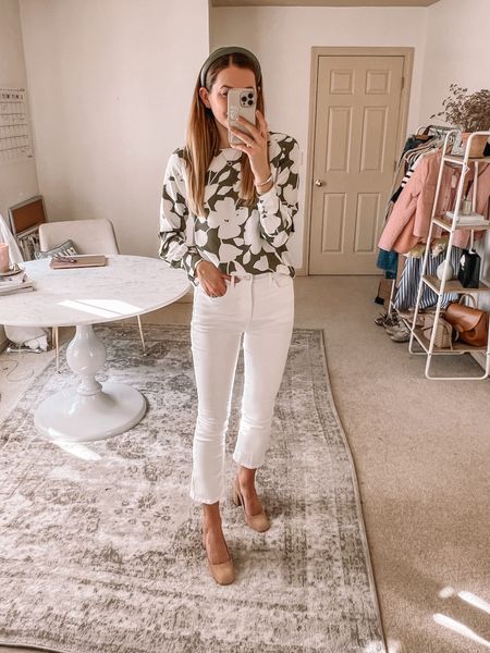 Spring work outfit: olive green floral top, white jeans, square toe suede pumps 

#LTKSpringSale