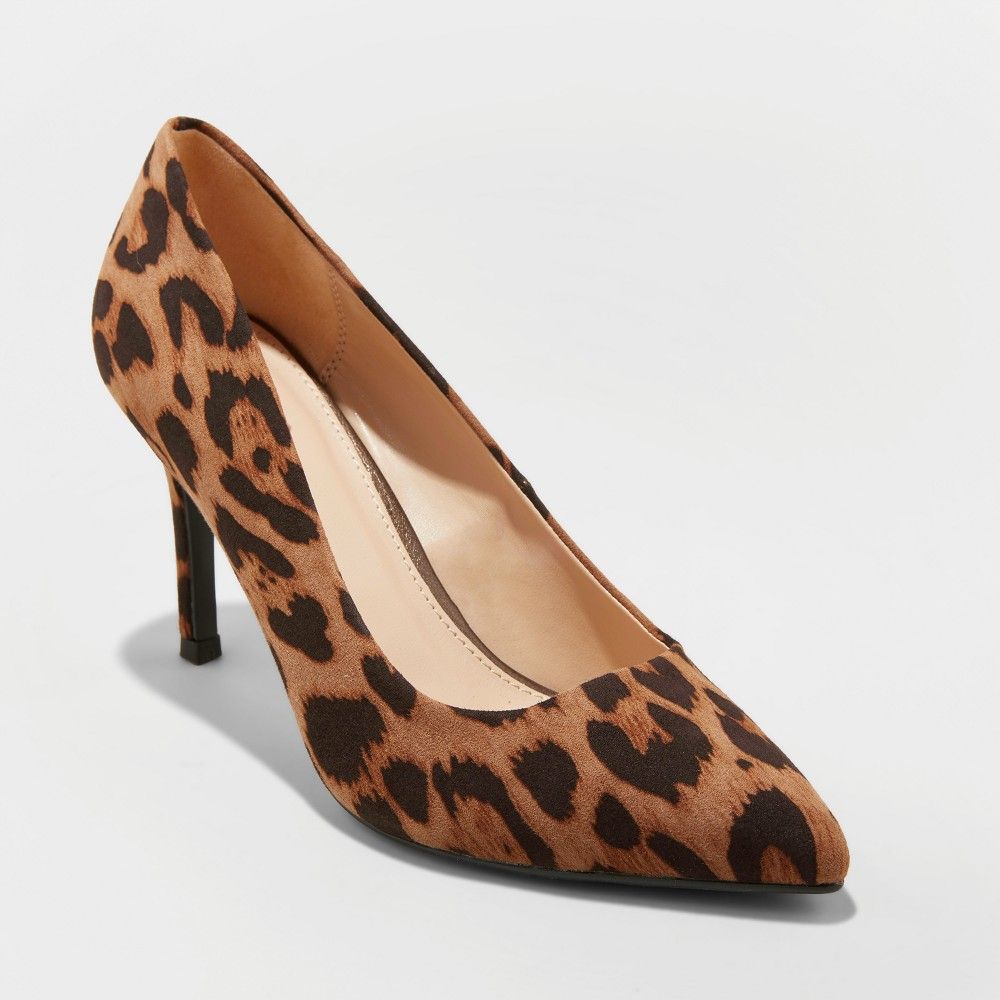 Women's Gemma Faux Leather Leopard Pointed Toe Heeled Pumps - A New Day Brown 8.5 | Target