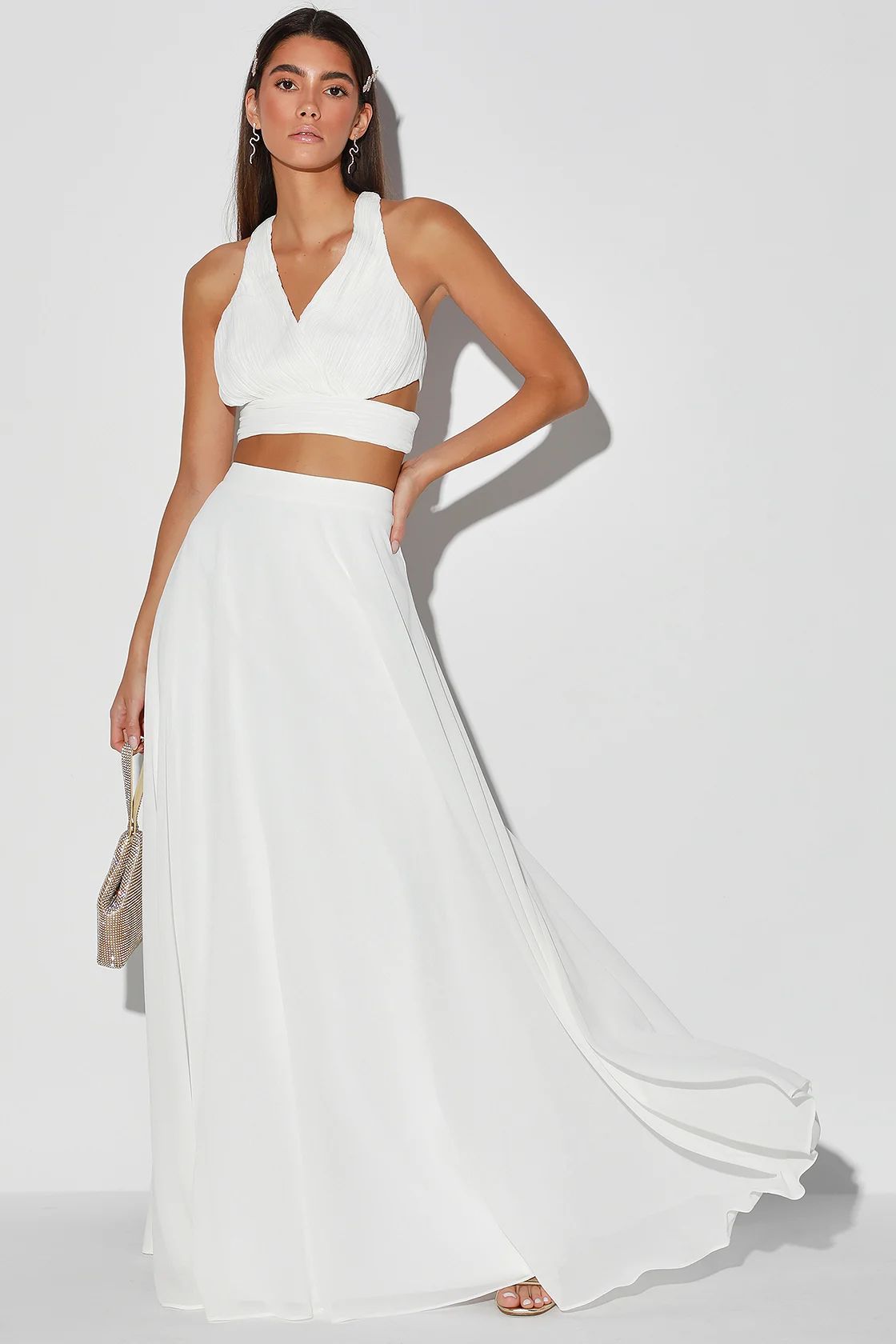 For the Glam White Pleated Two-Piece Maxi Dress | Lulus