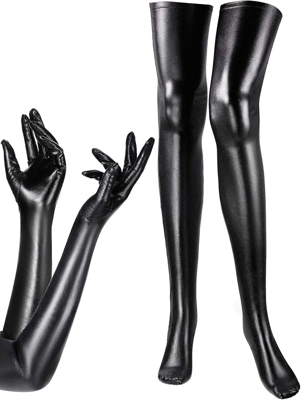 Women's Halloween Costume Elastic Spandex Shiny Wet Long Gloves and Thigh High Stockings | Amazon (US)