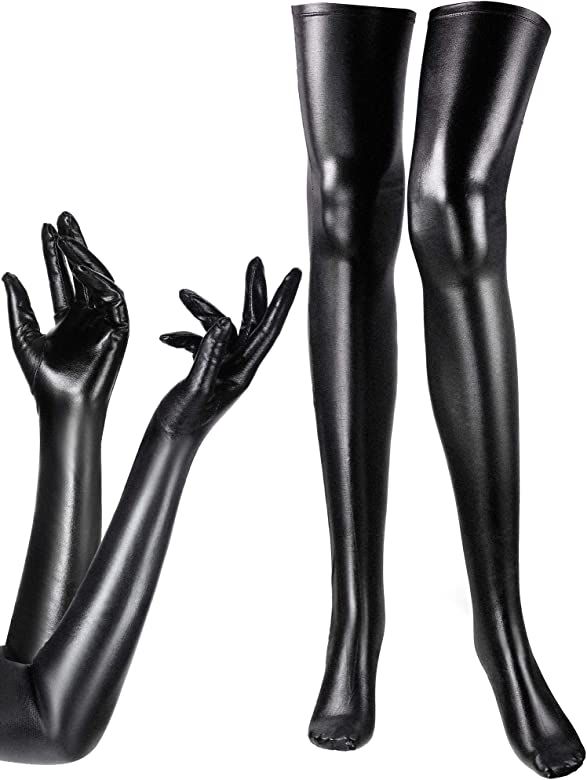 Women's Halloween Costume Elastic Spandex Shiny Wet Long Gloves and Thigh High Stockings | Amazon (US)
