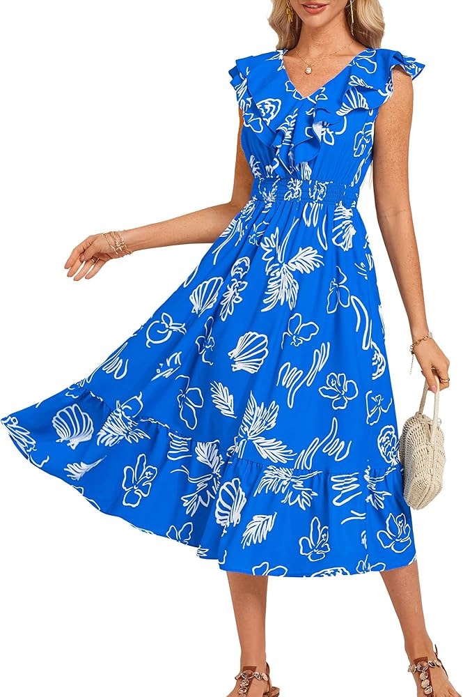 GRACE KARIN Women's Summer Dress Casual Boho Beach V Neck Smocked Waist Front Ruffle Floral Maxi ... | Amazon (US)