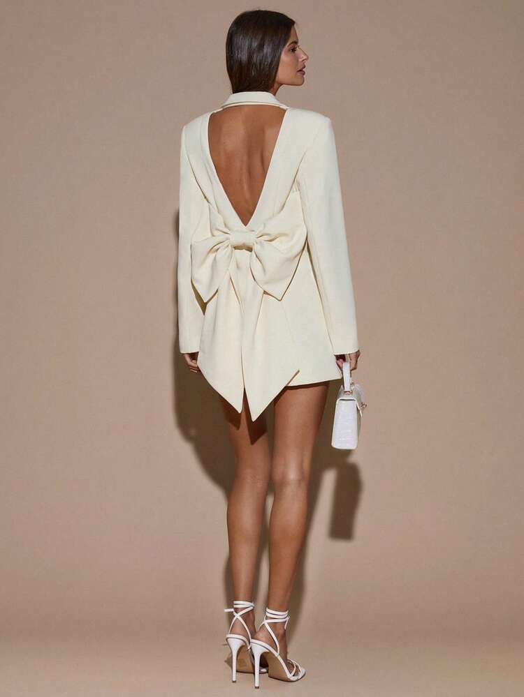 SHEIN BAE Autumn/Winter Women's Solid Apricot Sexy Deep V Backless Long Sleeve Blazer Dress, Mini Cocktail Party Dress, Formal Occasion Dress, Bridesmaid Dress, Birthday Mini Dress, Apricot Blazer Dress, Casual Dress, Brunch Dress, Day Of The Dead,Dresses For Women Elegant | SHEIN