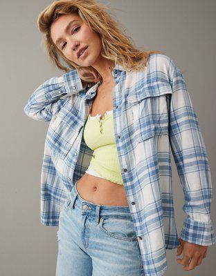 AE Oversized Long-Sleeve Plaid Button-Up Shirt | American Eagle Outfitters (US & CA)