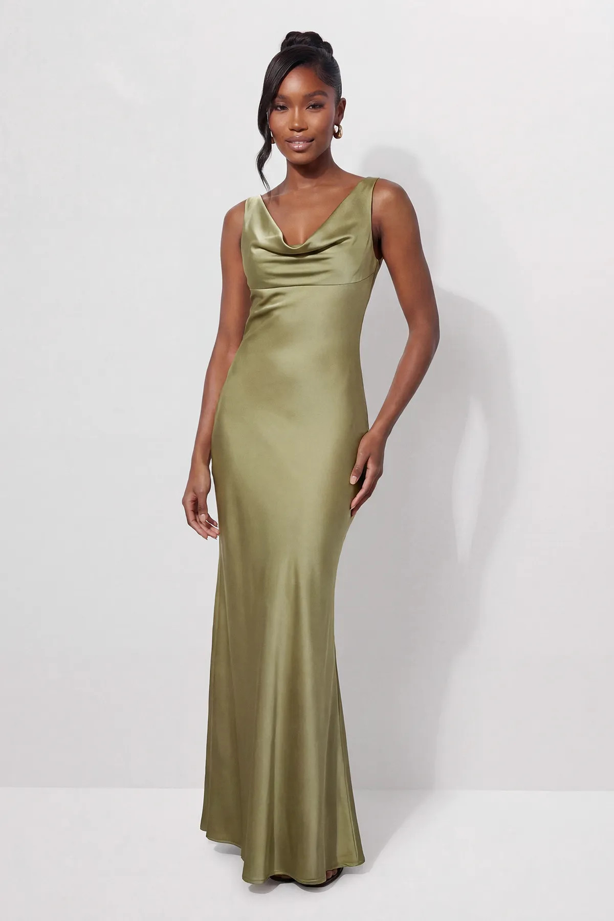 Olive MISSPAP Premium Satin Cowl Neck Fishtail Maxi Bridesmaid Dress | Nasty Gal USA | Nasty Gal US
