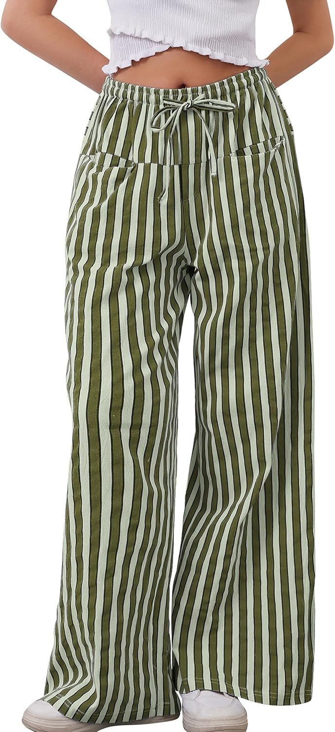MISSACTIVER Women Drawstring Striped Pants Loose Wide Leg Trousers Casual Low Waist Pants Comfy Lounge Pants with Pockets | Amazon (US)