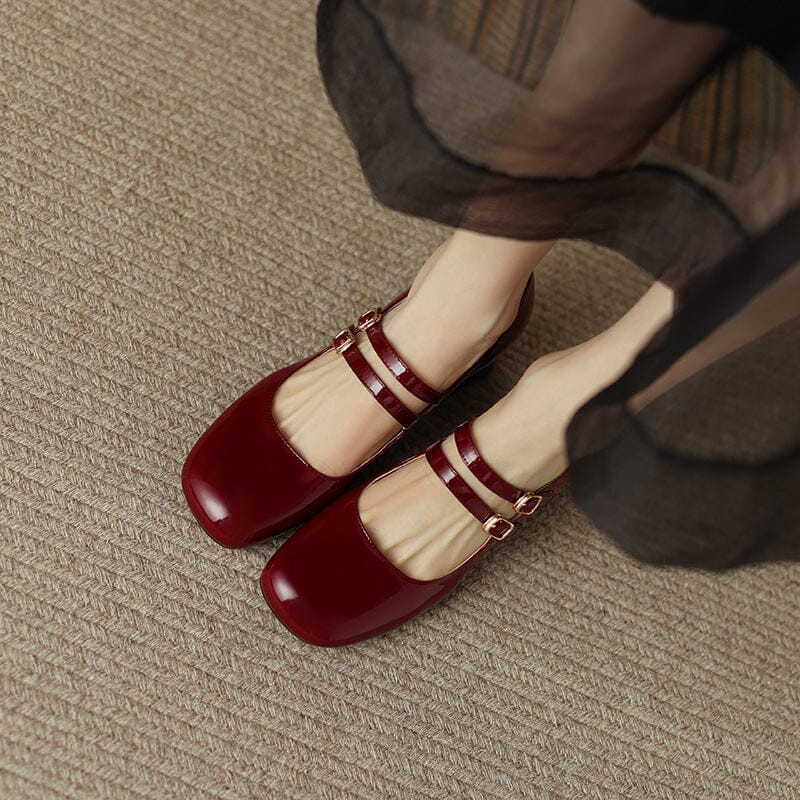 Handmade Leather Mary Jane Pumps Strappy Block Heel Office Shoes in Red/Black | DWARVES LLC