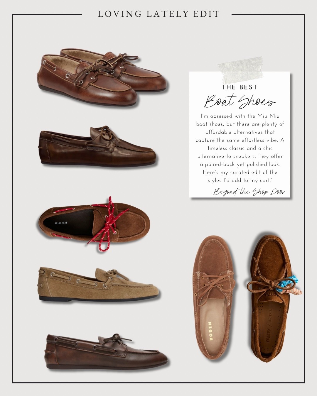 The Best Boat Shoes - Loving Lately Edit

I’m obsessed with the Miu Miu boat shoes, but there are plenty of affordable alternatives that capture the same effortless vibe. A timeless classic and a stylish alternative to sneakers, they offer a paired-back yet polished look. 

Here’s my curated edit of the styles I’d add to my cart.”