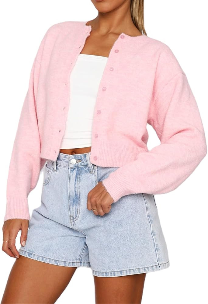 Women Casual Solid Long Sleeve Whispers Knit Cardigan Cute Y2k Crewneck Open Front Button Down Cr... | Amazon (US)