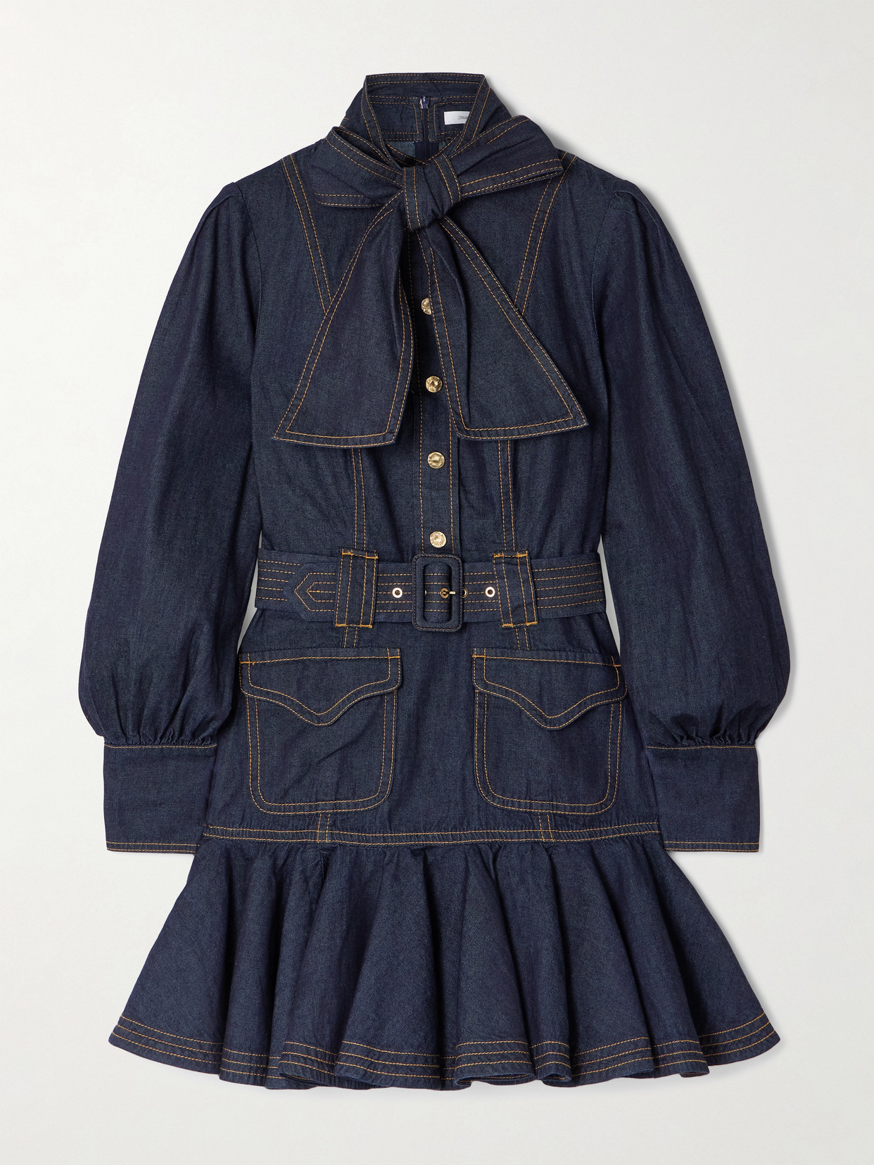 Zimmermann - Tie-detailed Belted Ruffled Denim Mini Dress - Blue | NET-A-PORTER (US)