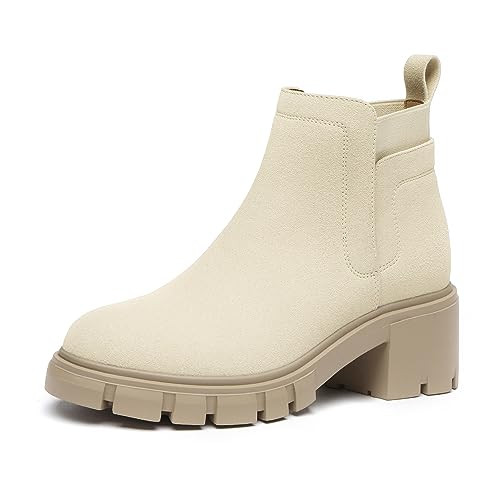 Athlefit Women's Chelsea Boots Casual Lug Sole Platform Chunky Heel Beige Ankle Booties Size 8.5 | Amazon (US)