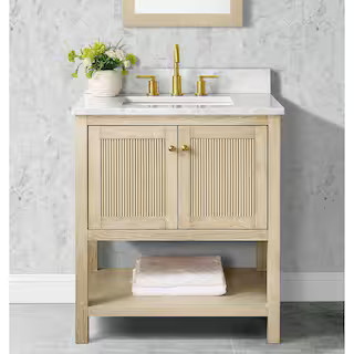 Arcott 31 in. Single Sink Fluted Natural Wood Bath Vanity with White Carrara Marble Top (Assemble... | The Home Depot