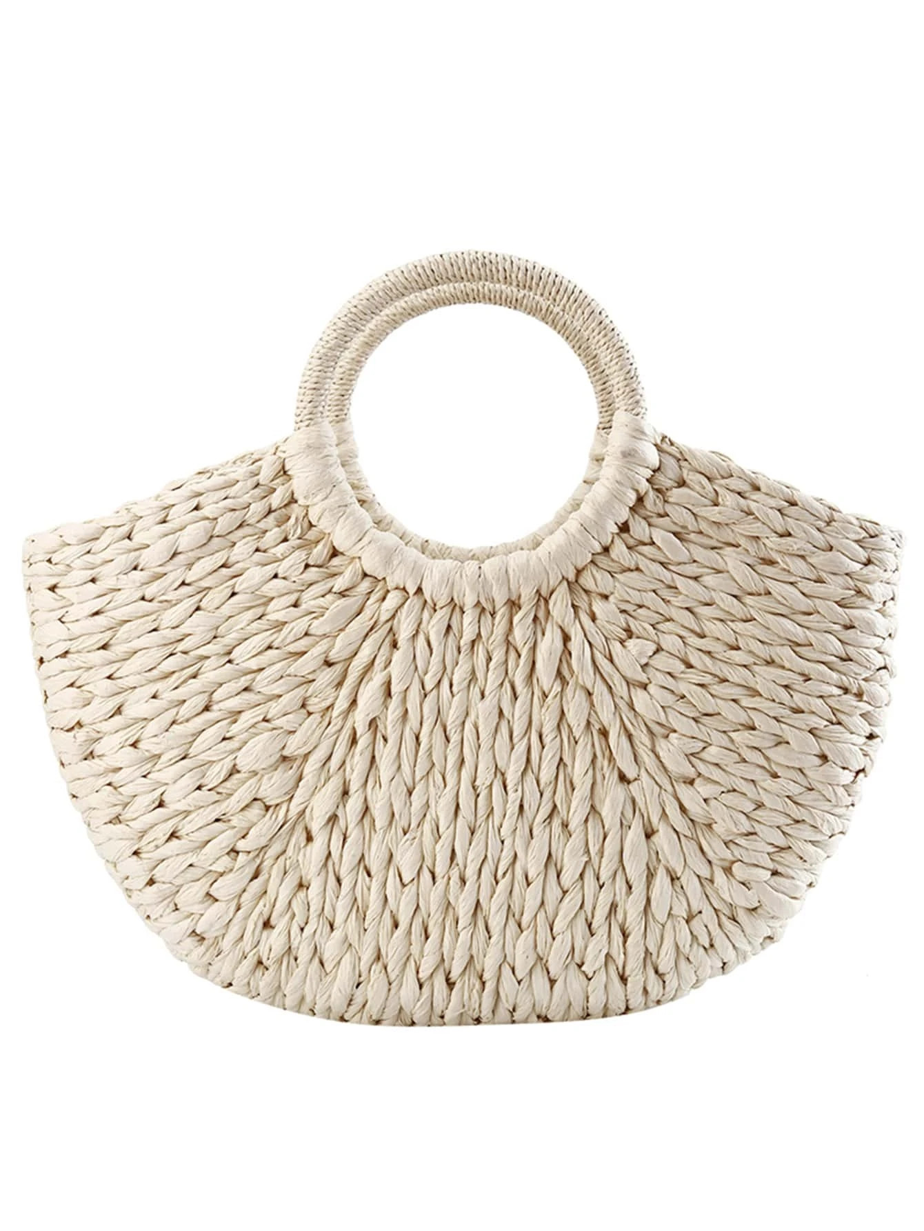 Fashion Women Handbag Round Bucket Semi-round Straw Bag Woven Basket Handbag | SHEIN