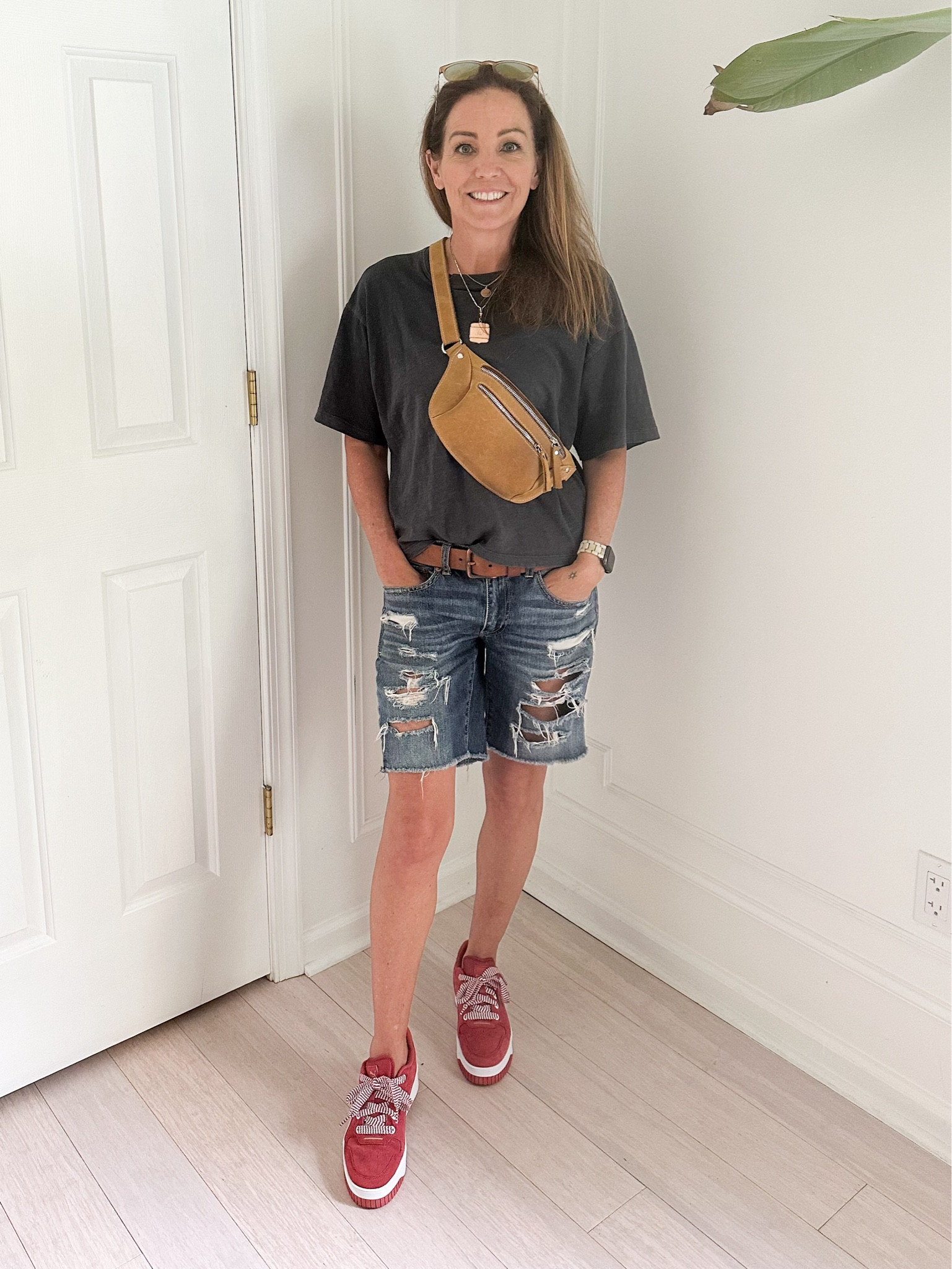 American Eagle always has the best ripped Bermuda Jean shorts and I love them with my new red sneakers and slightly cropped baggy cropped t-shirt. Shorts are on sale right now

#LTKsalealert #LTKover40 

#LTKActive