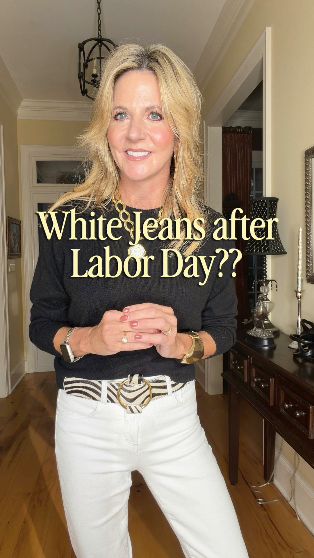 The age old debate: Can you wear white jeans after Labor Day and before Easter? Personally, I think it’s an outdated and archaic rule.

Yes, you can wear white denim year round. You just need to be more intentional when it comes to Fall & Winter. Think Fall colors: brown, olive, tan, black, burgundy. Even cream.

And pay attention to texture. Pair with cashmere, wool, flannel, chunky knits, suede, leather. You want to add dimension. I love the juxtaposition of white with a heavier texture.

And you definitely don’t want to be wearing sandals. My personal favorite is boots, but also loafers, flats, sneakers—in Fall colors and textures.

I’m super curious—do you wear white all year round? Or do you stop after Labor Day? Let me know!

I’m in a 25 in the jeans, Small in the sweater, & Small in the belt.

#LTKootd #LTKOver40 #LTKSeasonal