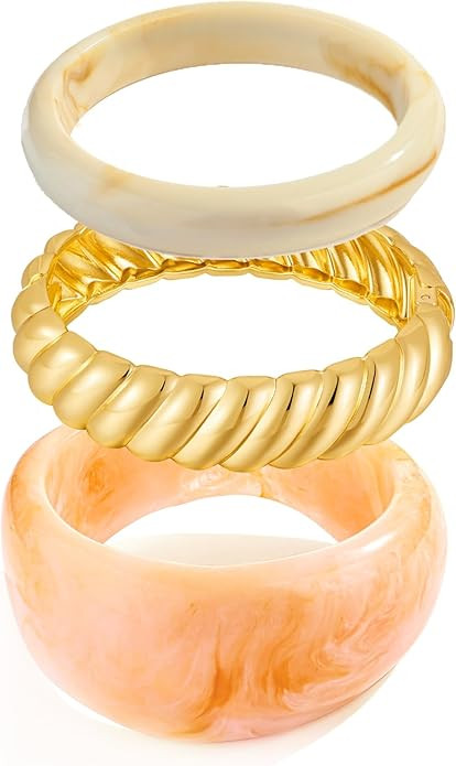 3PCS Acrylic Resin and Gold Bangle Bracelet Set for Women Trendy Stackable Bracelet Jewelry | Amazon (US)