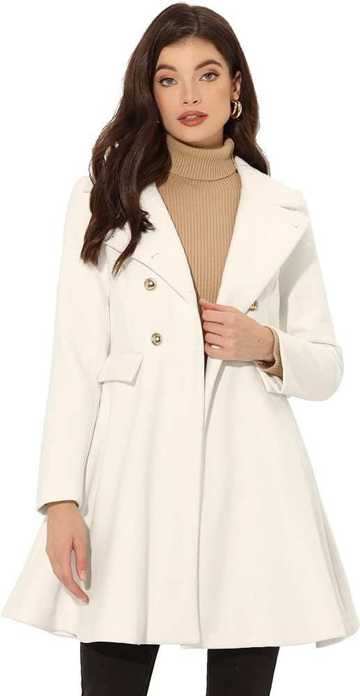 Allegra K Women's Turn Down Collar Double Breasted Trendy Outwear Swing Winter Pea Coat | Amazon (US)