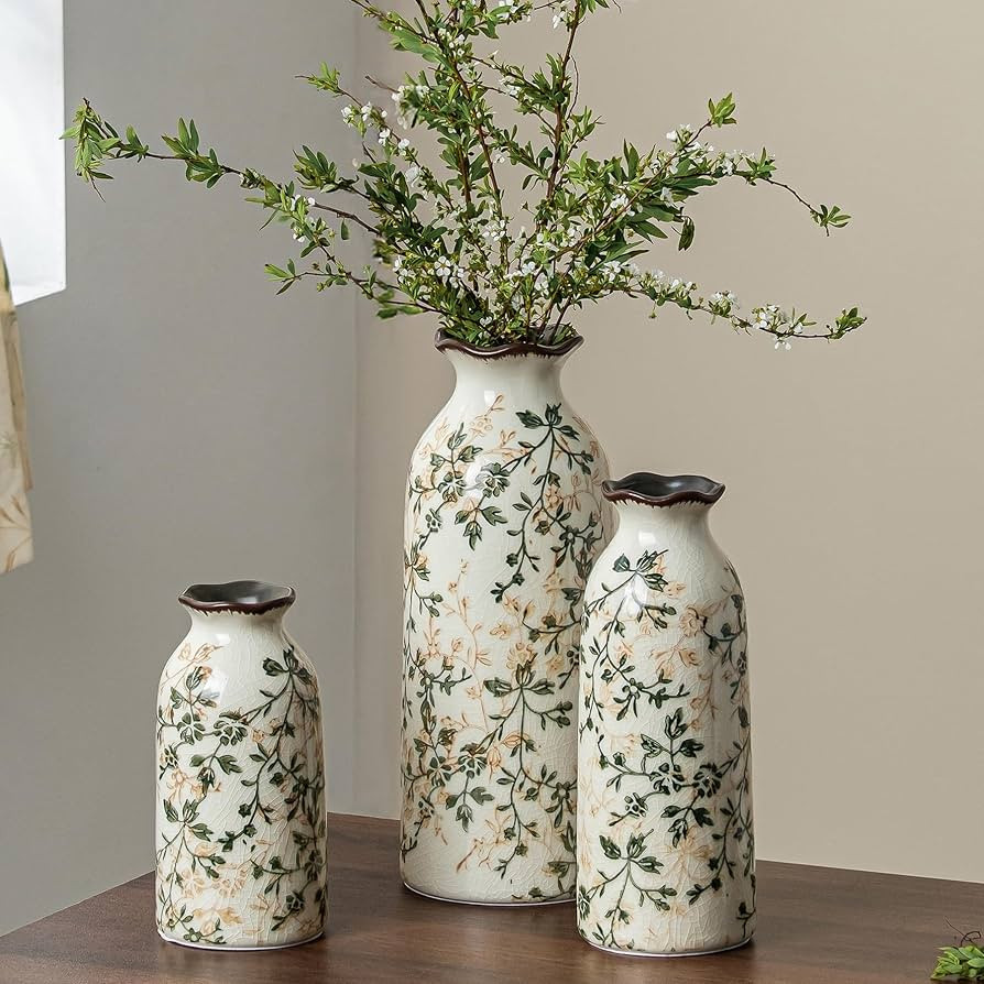 Ceramic Flower Vases Set of 3 | Green Rustic Farmhouse Vase Set for Home Decor, Vintage Floral De... | Amazon (US)
