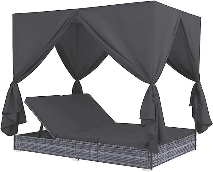 vidaXL Patio Lounge Bed with Curtains Poly Rattan Gray | Amazon (US)