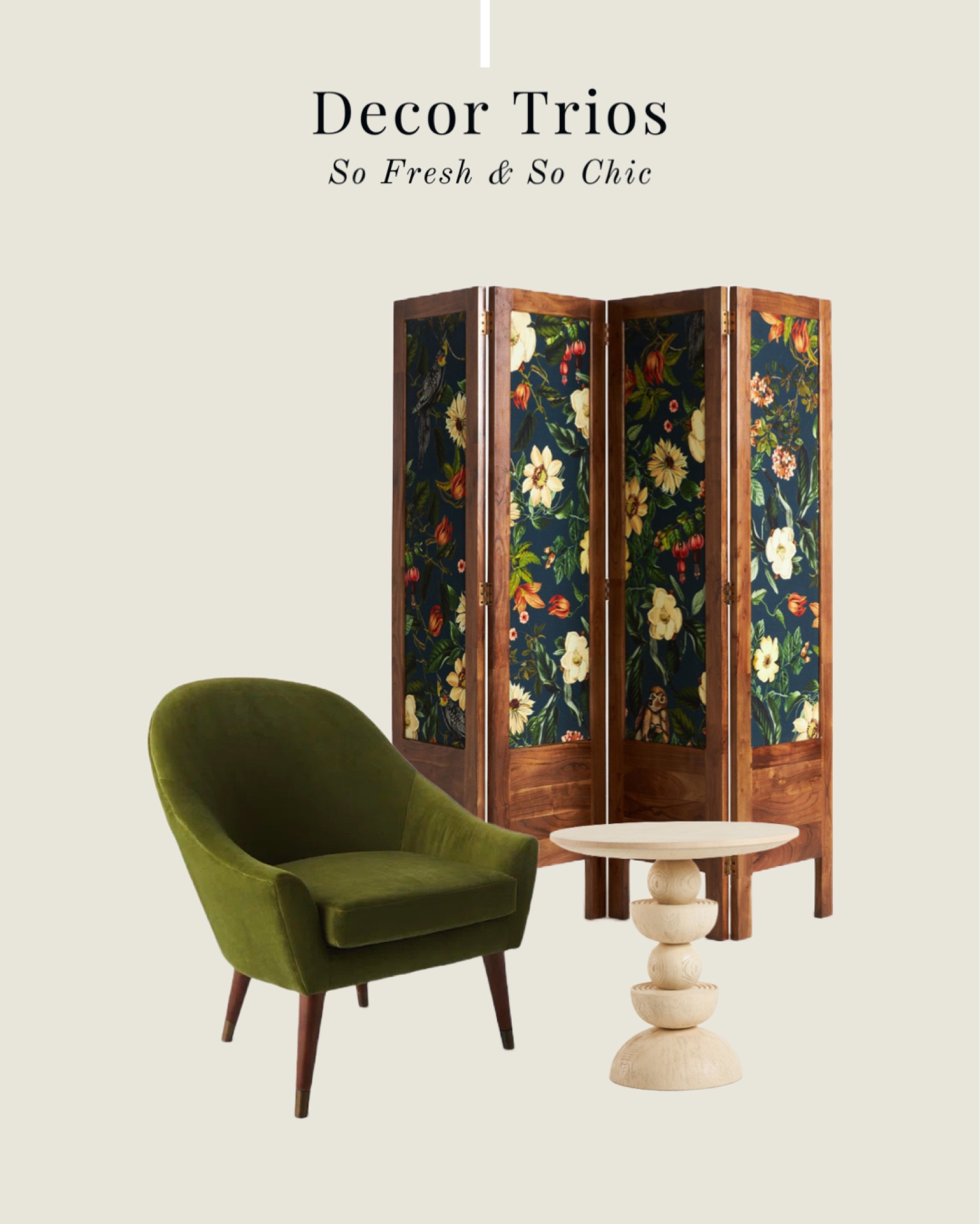 New Romantic decor trio. Love this so much!
-
Anthropologie room divider floral - All Modern olive green velvet arm chair - Anthropologie sculptural round accent table - elegant living room decor 

#LTKsalealert #LTKhome #LTKFind