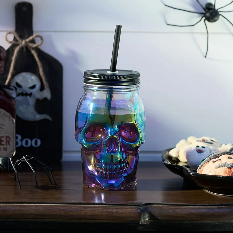 Way to Celebrate 18 oz Clear Iridescent Glass Skull Sipper with Lid & Silicione Straw | Walmart (US)