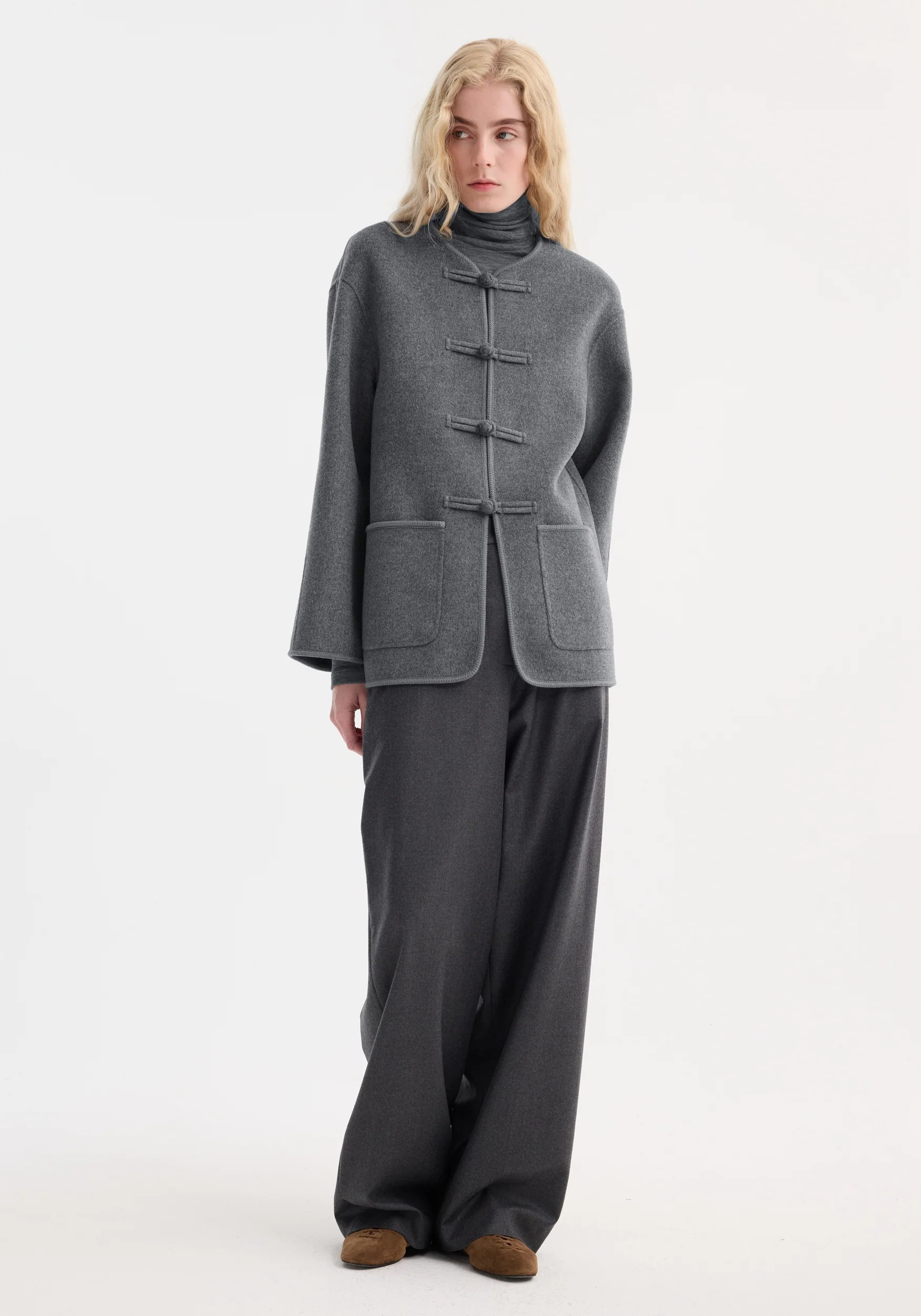 mandarin double-faced wool jacket | mid grey melange | Rohe