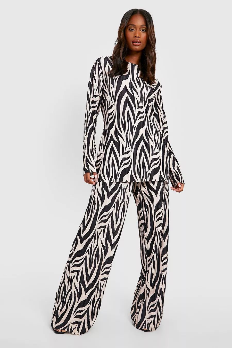 Zebra Print Plisse Wide Leg Trousers | Boohoo.com (UK & IE)