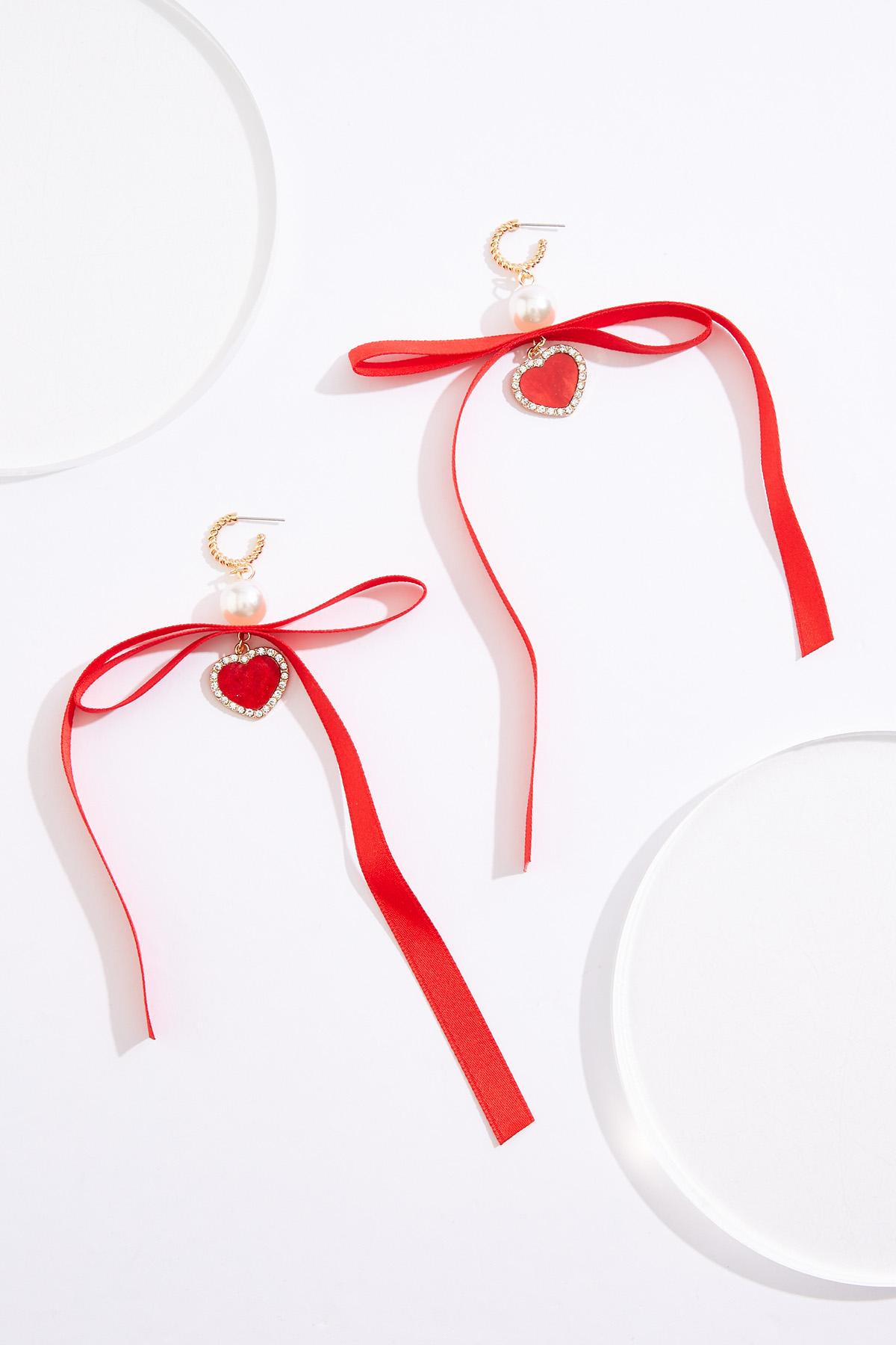 Red Ribbon Heart Charm Earrings | Cato Fashions
