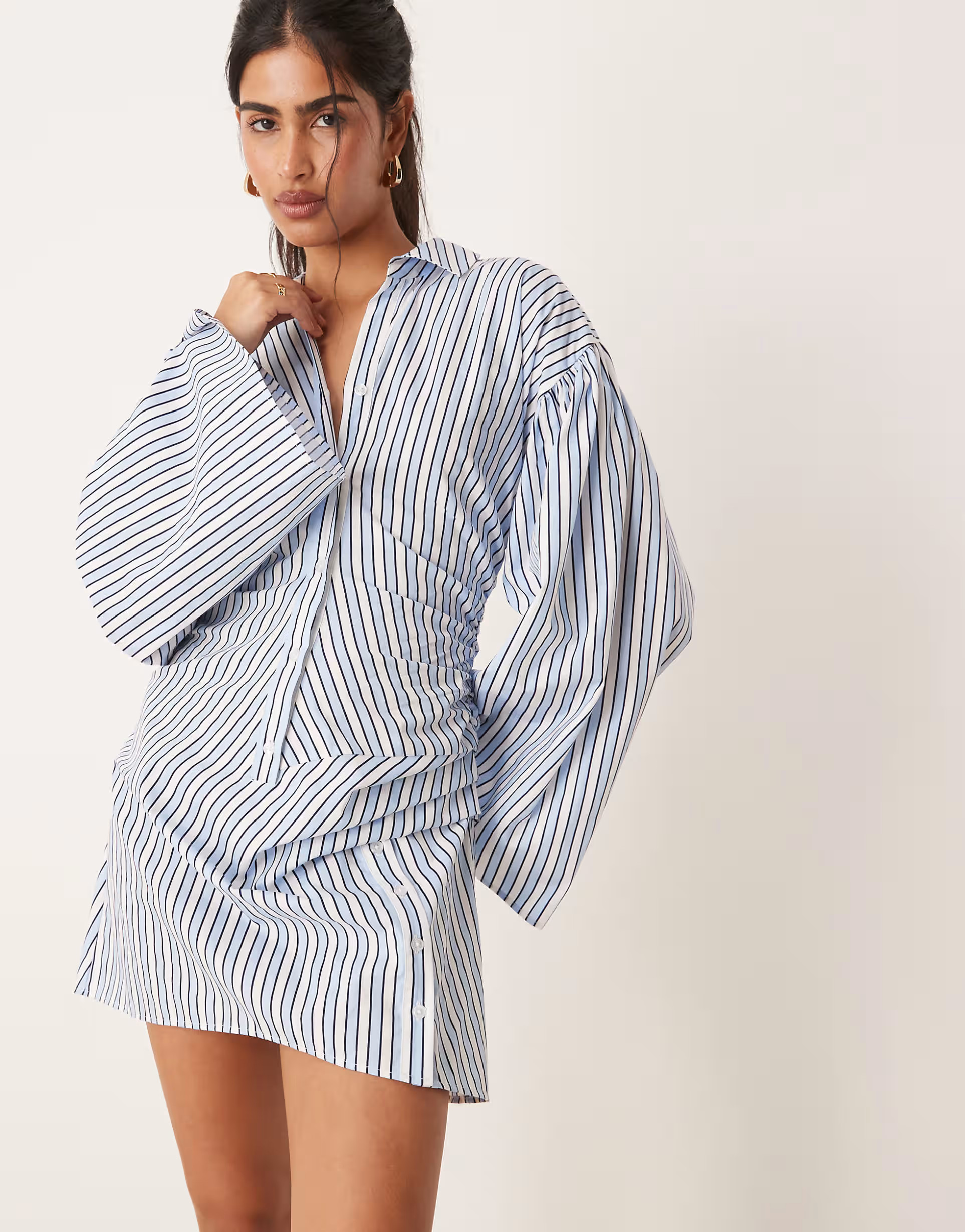 ASOS DESIGN shirt mini dress with cinched waist and flared sleeve in blue stripe | ASOS | ASOS (Global)