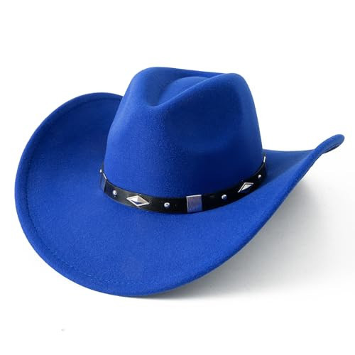 Lanzom Women Men Classic Felt Wide Brim Western Cowboy Cowgirl Hat with Belt Buckle(Royal Blue, Medium-Large) | Amazon (US)