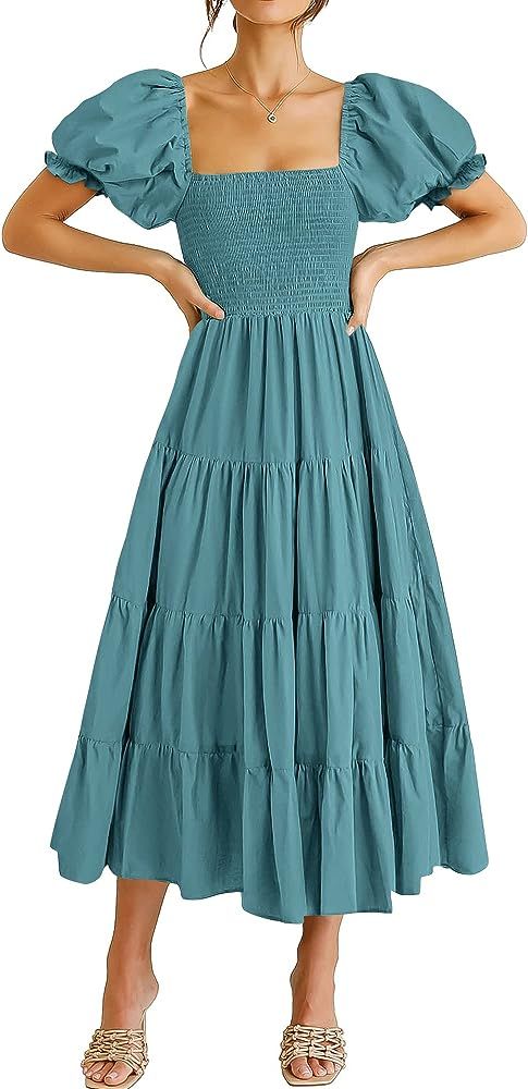ANRABESS Women's Casual 2024 Summer Midi Dress Puff Short Sleeve Square Neck Smocked Tiered Boho ... | Amazon (US)