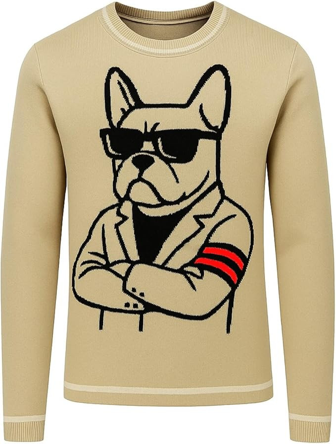OXKnit Knitted Long Sleeve Shirts for Men, 1960s Mod Style Retro Cool Dog Pattern Khaki Crewneck ... | Amazon (US)