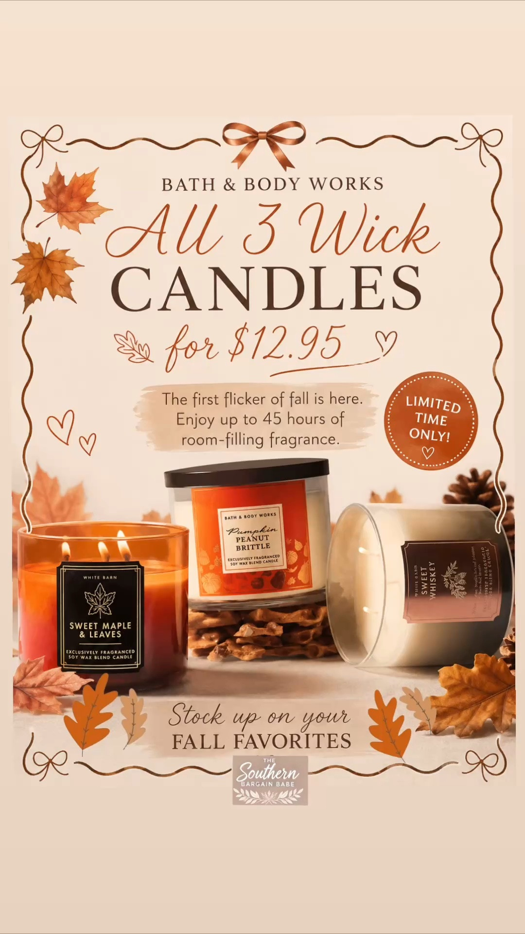 Here are a few alternatives for the first sentence:

1. 🍂 Cozy season smells even better when there’s a sale!
2. 🕯️ Nothing says fall like a fresh lineup of cozy candles.
3. 🍁 It’s the perfect time to fill your home with your favorite fall scents.
4. 🤎 Fall favorites are here, and this deal is too good to miss!
5. ✨ Your fall candle collection starts here.
6. 🍂 Cue the cozy vibes—it’s candle season!
7. 🛍️ Stocking up on fall candles has never been sweeter.

Paired with the rest of your caption:

🍂 Nothing says fall like a fresh lineup of cozy candles. 🕯️🤎
Bath & Body Works 3-Wick Candles are just $12.95—the perfect time to stock up on all your favorite cozy fall scents before they’re gone. 🍁✨

Shop all my favorite seasonal finds in my LTK! 🛍️🤍 #LTKCreator #LTKSale

#LTKSaleAlert #LTKSeasonal
