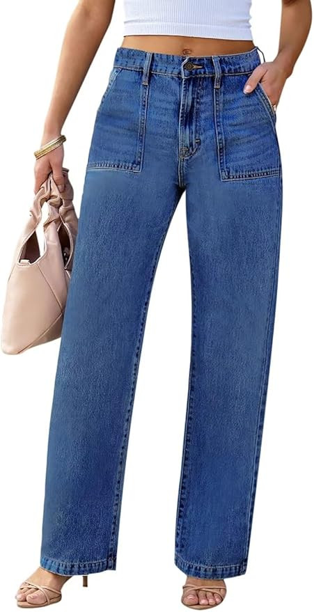 Womens Wide Leg Jeans - Deep Front Pockets High Waisted Jeans, Stretchy Baggy Straight Leg Jean f... | Amazon (US)