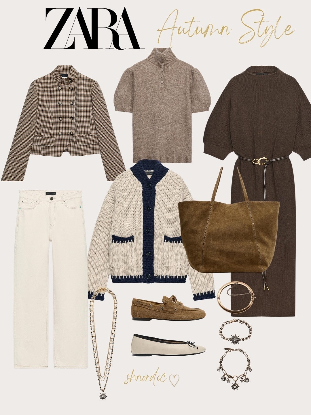 Zara new in October 2026: autumn outfit ideas. This week's Zara new arrivals are all about cosy layers and heritage prints. Think a houndstooth jacket with frog fastening, a camel high neck cardigan, an argyle knit jumper, and a check blouse with bow detail. Style them with relaxed turn-up blue jeans, a pleated midi skirt and suede ankle boots. Finish with a dark tan bucket bag, a red mini shoulder bag and a gold heart charm necklace. Everything is easy to mix and match for work, weekends and casual autumn outfits. I’ve posted 4 outfit ideas on my feed using these items: preppy layers, cosy camel, houndstooth jacket and soft romance. Shop all the Zara autumn 2026 new-in pieces below.