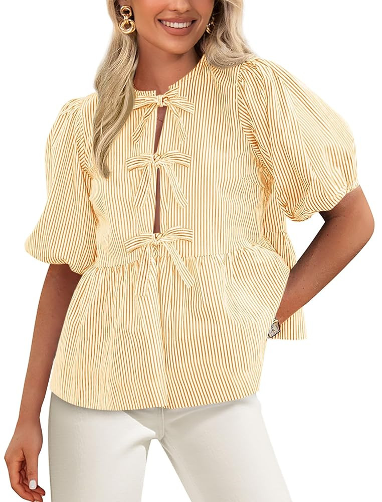 PRETTYGARDEN Women's Tie Front Striped Shirt 2025 Summer Trendy Fashion Cute Babydoll Tops Peplum... | Amazon (US)