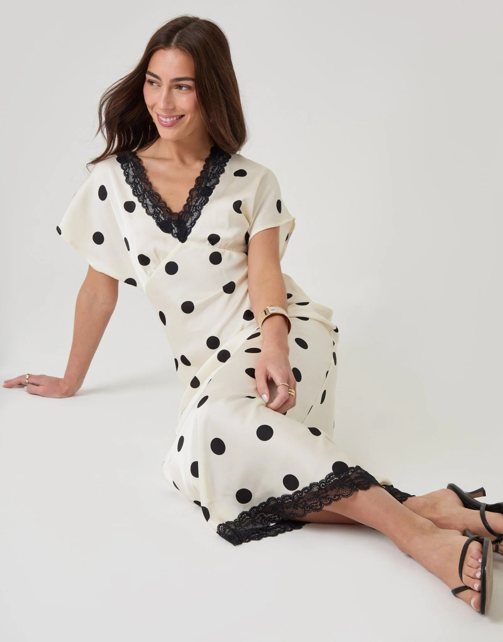 Satin Lace Trim Tea Dress in Cream Polka Dot | Threadbare UK