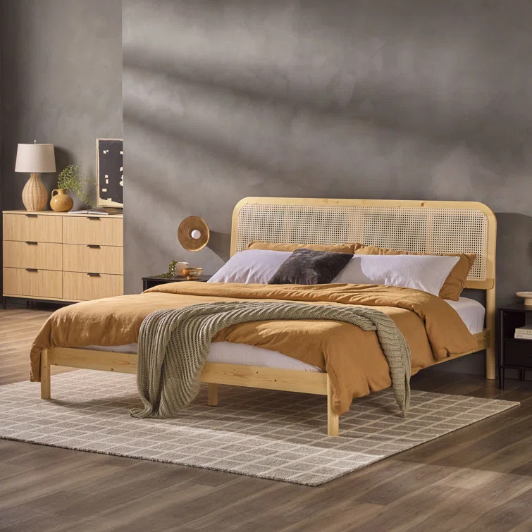 Blomquist Solid Wood Platform Bed with Rattan Inset Headboard | Wayfair North America