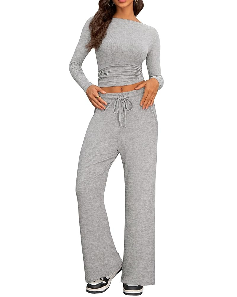 Cozy 2 Piece Lounge Sets for Women, Side Ruched Long Sleeve Top & Wide Leg Pants Casual Matching ... | Amazon (US)