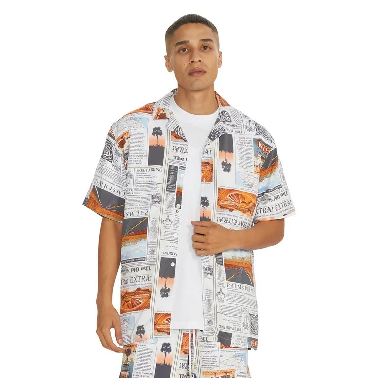 No Boundaries Men's Print Button Up Shirt with Short Sleeves, Sizes XS-3XL | Walmart (US)